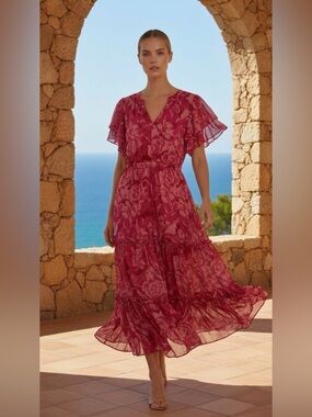 Pinch Hot Pink Floral Tiered Maxi Dress